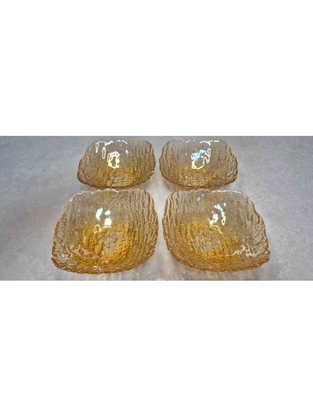 Vintage Amber Ice Glass Square Dessert Bowls Wavy Rim Set of 4